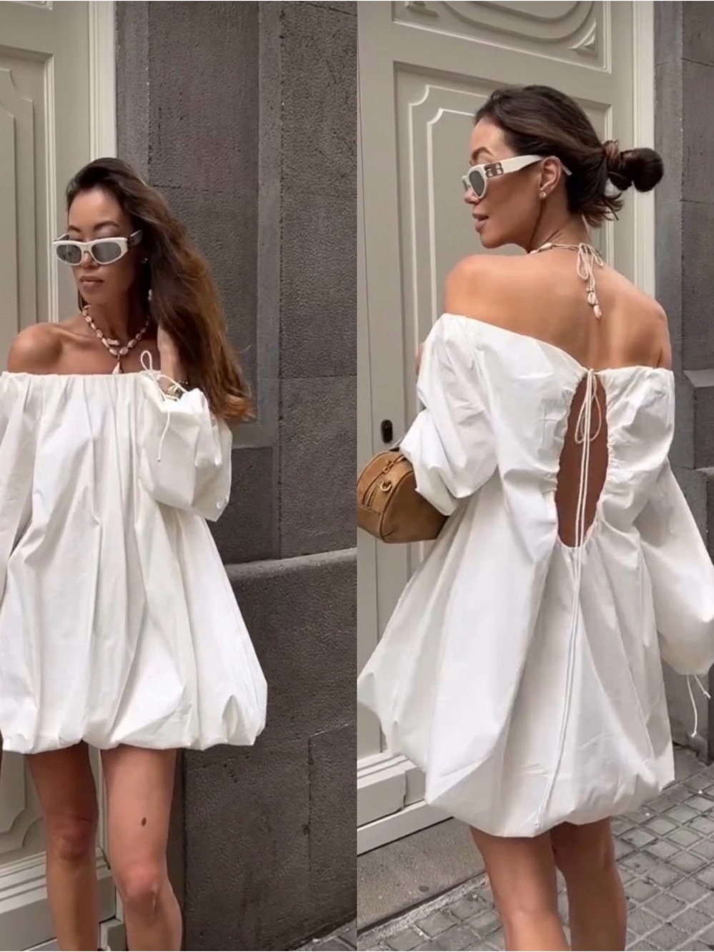 ZARA Short Off The Shoulder ZW Flounced Bubble Hem Dress oyster white large NWT